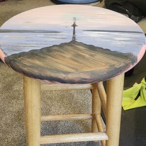 Hand-Painted Wooden Stool with Coastal Scene